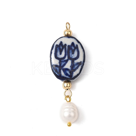 Blue and White Tulip Pattern Oval Porcelain Pendants PALLOY-JF04709-1