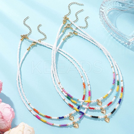 Valentine's Day 304 Stainless Steel Heart Pendant Glass Seed Beaded Necklaces for Women NJEW-MZ00146-1