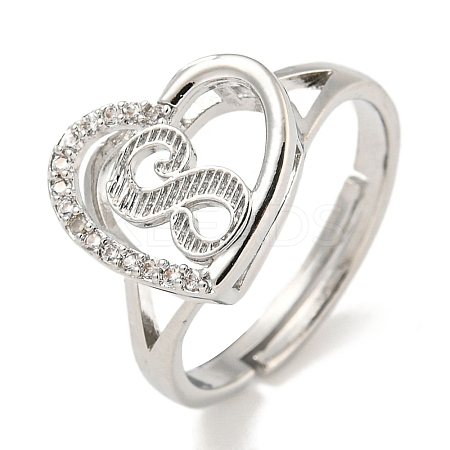 Heart with Letter Rack Plating Brass Micro Pave Cubic Zirconia Adjustable Rings for Women RJEW-I105-06P-S-1
