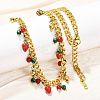 Natural Carnelian and Synthetic Malachite Round Beads and Red Strawberry Tassel 304 Stainless Steel Twisted Chain Necklaces NJEW-C092-03G-1