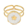 Ion Plating(IP) 304 Stainless Steel Enamel Flat Round with Flower Cuff Finger Rings RJEW-L107-067G-01-2