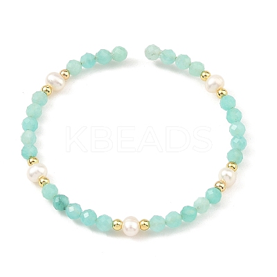 4MM Faceted Round Natural Amazonite and Pearl Beaded Cuff Bangles BJEW-JB14470-1