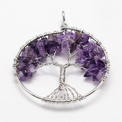Tree of Life Natural Amethyst Bead Brass Wire Wrapped Big Pendants KK-L136-01E-NR-1