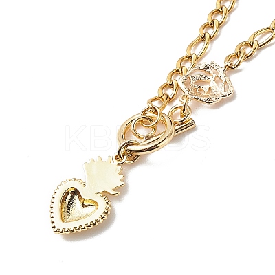 Heart & Rose Brass Pendant Necklace 304 Stainless Steel Chains for Women NJEW-JN04088-1