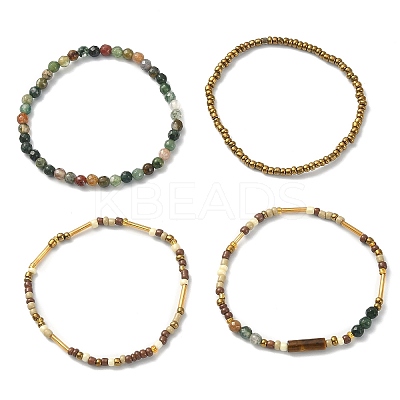 4Pcs 4 Style Natural Indian Agate & Tiger Eye & Seed Beaded Stretch Bracelets Set BJEW-JB09458-1
