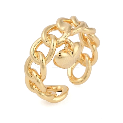 Brass Heart Charm Open Cuff Ring KK-D080-09G-1