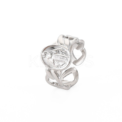 Non-Tarnish 304 Stainless Steel Flat Round with Virgin Mary Open Cuff Ring for Women RJEW-S405-176P-1