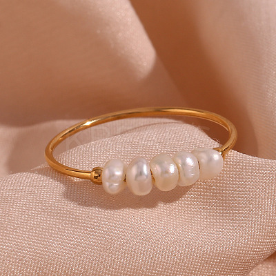 Nuggets Stainless Steel & Natural Freshwater Pearl Beads Finger Rings WG1BE4A-05-1