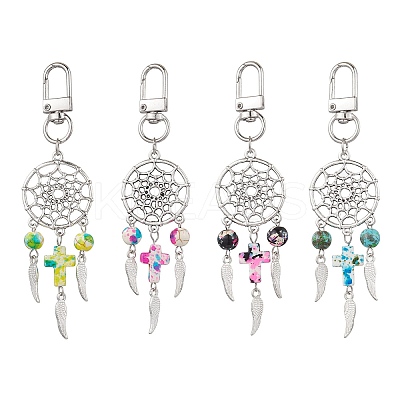 4Pcs Woven Net/Web with Wing Alloy & Synthetic Turquoise Cross Round Pendant Decoration HJEW-JM03055-1
