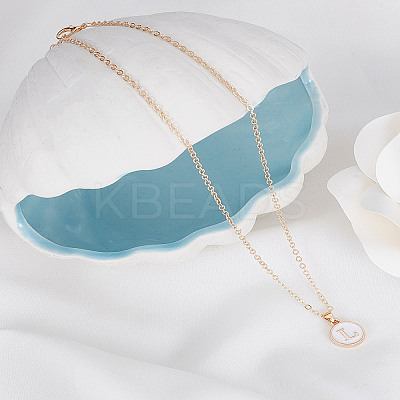 1Pc Zinc Alloy White Enamel Round with Letter Pendant Necklaces NJEW-LP0002-88G-L-1