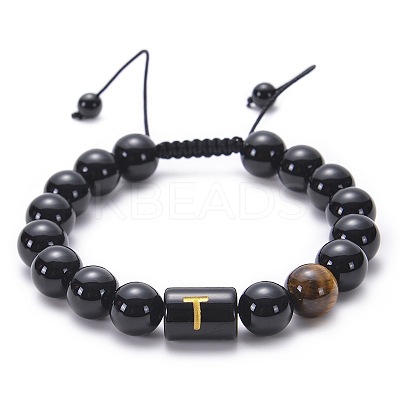 Natural Black Agate & Tiger Eye Round Beaded Adjustable Bracelets HL8029-20-1