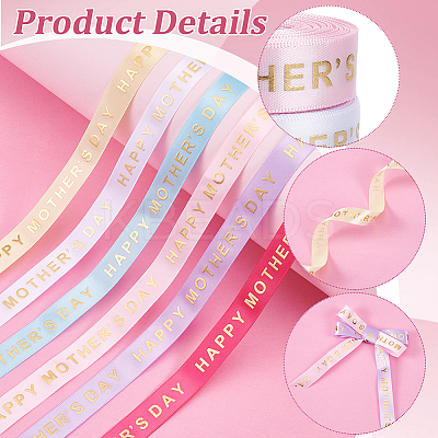 6 Rolls 6 Colors Gold Stamping Happy Mother's Day Polyester Printed Ribbons OCOR-PH0004-40-1