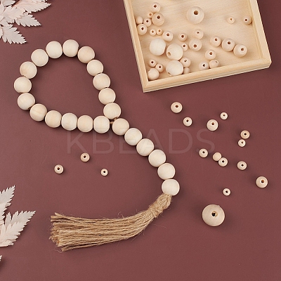 6 Style Natural Round Wood Beads and Jute Cords WOOD-YW0001-02-1