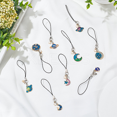 8pcs 8 style Cute Cartoon  Moon/Star/Planet Alloy Enamel Mobile Straps Lanyards HJEW-DR0001-01-1