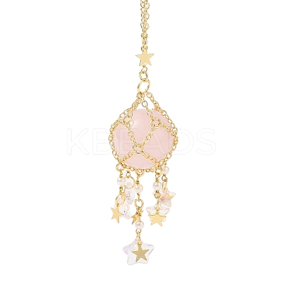 Natural Rose Quartz with Rack Plating Brass Pendants Decorations AJEW-B023-01G-06-1