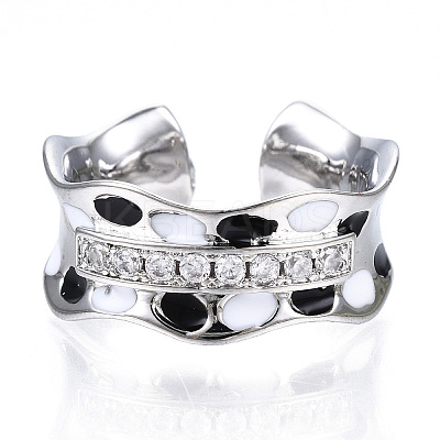 Clear Cubic Zirconia Wave Open Cuff Ring with Enamel RJEW-N039-03P-1
