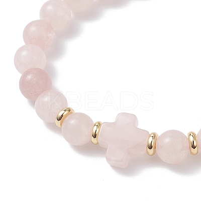 Natural Rose Quartz Cross Round Beaded Stretch Bracelets for Men Women BJEW-JB12258-03-1