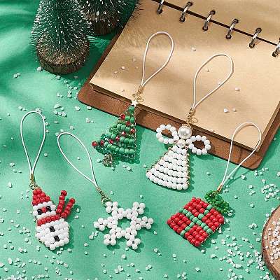 Christmas Glass Seed Beaded Pendant Decorations HJEW-TA00013-1