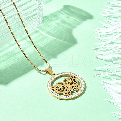 201 Stainless Steel Crystal Rhinestone Ring with Hollow Butterfly Pendant Necklaces for Women NJEW-P327-01G-1