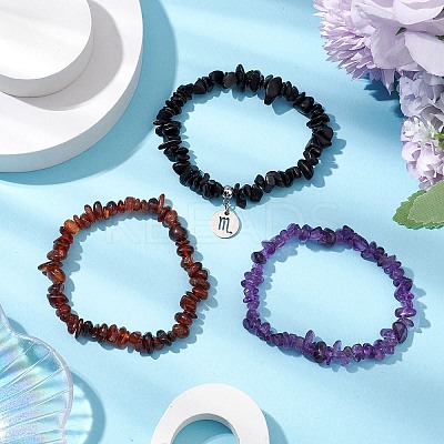 3Pcs 3 Styles Natural Amethyst & Garnet & Obsidian Chips Stretch Bracelets Sets BJEW-JB11076-10-1