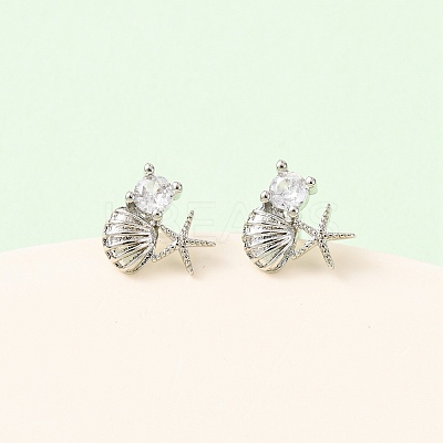 Starfish with Shell Shape Brass Micro Pave Clear Cubic Zirconia Stud Earrings EJEW-L278-05P-1