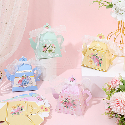 12Pcs 4 Styles Flower Printed 3D Teapot Shaped Paper Candy Gift Boxes with Ribbon DIY-SP0006-38-1