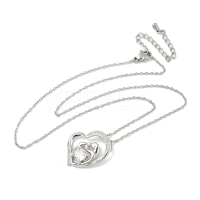 Mother's Day Brass Micro Pave Clear Cubic Zirconia Mother and Baby Heart Pendant Necklaces for Women NJEW-C085-01B-P-1