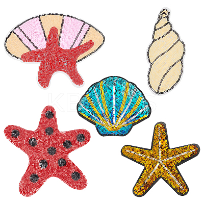 5Pcs 5 Styles Sea Animal Starfish Shell Conch Shape Computerized Embroidery Cloth Iron on/Sew on Patches PATC-FG0001-91-1