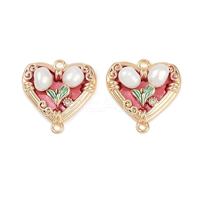 Brass Enamel & Natural Pearl Heart with Flower Connector Charms KK-K351-52G-03-1