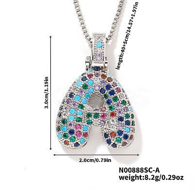 Brass Pave Colorful Cubic Zirconia Letter Pendant Box Chain Necklaces NU0575-27-1
