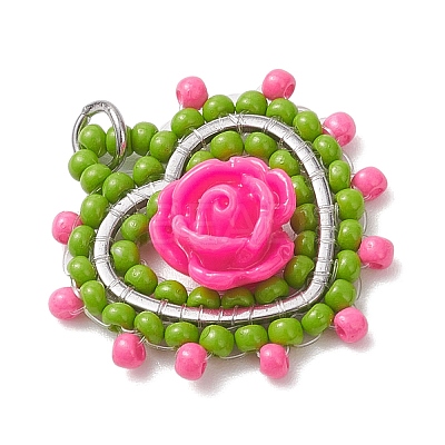 Glass Seed Beaded Heart with Rose Pendants PALLOY-MZ01030-04-1