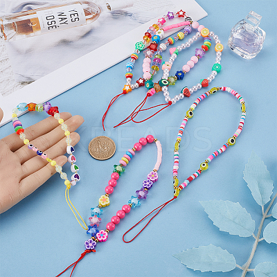 6Pcs 6 Styles Handmade Polymer Clay & Plastic Beaded Mobile Straps HJEW-GF0001-43-1