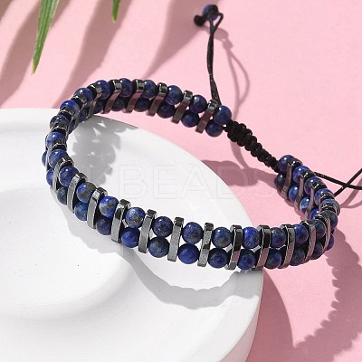 Natural Lapis Lazuli and Synthetic Hematite Adjustable Braided Bead Bracelets BJEW-H626-01-07-1
