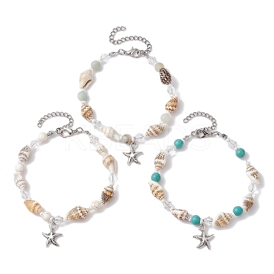 3Pcs 3 Style Alloy Starfish Charm Bracelets Set BJEW-JB10090-1