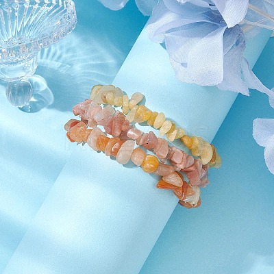 3Pcs Natural Red Aventurine & Natural Sunstone & Natural Topaz Jade Chip Beaded Stretch Bracelet Sets BJEW-JB10867-1