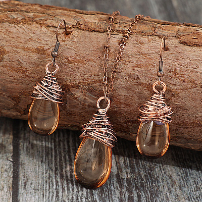 Teardrop Alloy Glass Pendant Necklaces & Dangle Earrings Sets FS-WGA3296-01-1