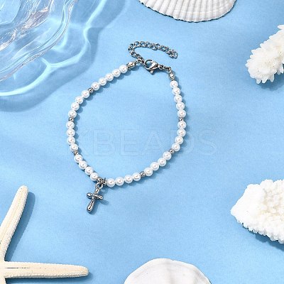 304 Stainless Steel Cross Charm Bracelets BJEW-JB12298-1