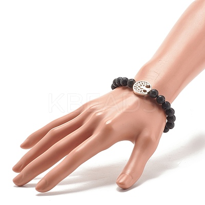 Natural Lava Rock Stretch Bracelet with Tree of Life BJEW-JB07692-1
