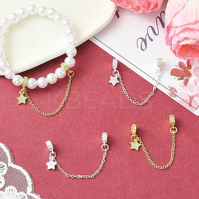 4Pcs 2 Colors Brass Pave Clear Cubic Zirconia European Safety Chains with Charms KK-CJ0003-86-1