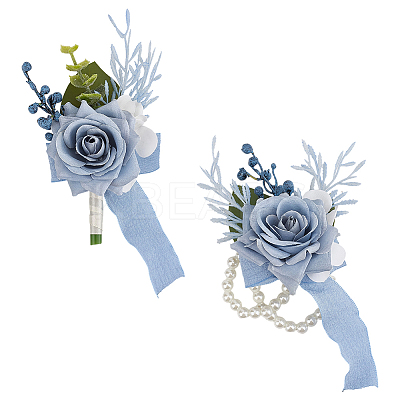 2Pcs 2 Styles Silk Cloth Imitation Rose Wrist Corsage AJEW-DR0002-08-1