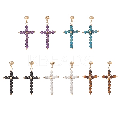 Natural Mixed Gemstone Beaded Cross Dangle Stud Earrings EJEW-JE05200-1
