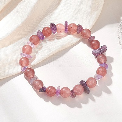 Natural Amethyst Chip & Natural Strawberry Quartz Round Beaded Stretch Bracelets for Women BJEW-JB13279-01-1
