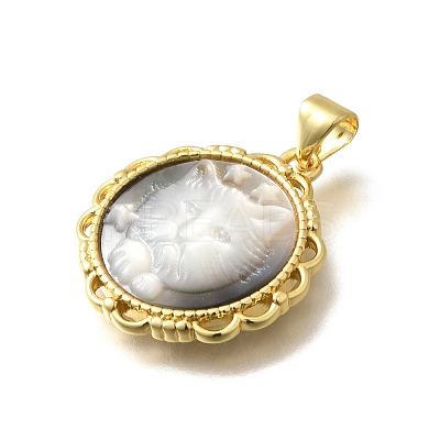 Brass Pave Natural Black Lip Shell Carved Cat Pendants KK-Z091-08G-02-1