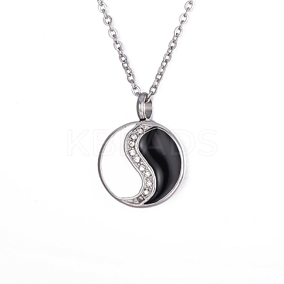 Women's 304 Stainless Steel Rhinestones Flat Round with Yin-yang Memorial Urn Necklace for Ashes PW-WG1E4F5-01-1