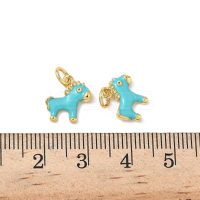 Brass Cyan Enamel Horse Charms with Jump Rings KK-I371-01G-1