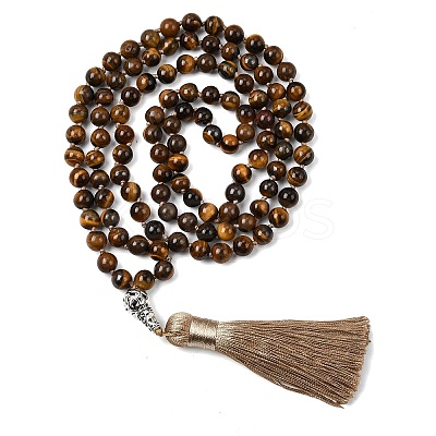 Natural Tiger Eye Mala Prayer Round Beaded Wrap Necklaces with Long Tassel and Metal Tree of Life FS-WG93CBE-04-1