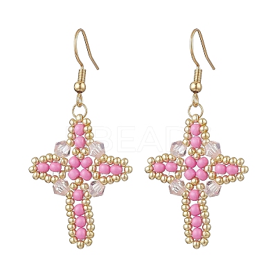 304 Stainless Steel Glass Seeds Cross Dangle Earrings EJEW-MZ00506-04-1