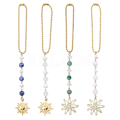 4Pcs 4 Styles Glass & Alloy & Natural Rose Quartz & Green Aventurine & Blue Spot Jasper Sun Pendant Decoration HJEW-FH00168-1