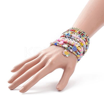 11Pcs 10 Style Synthetic Turquoise(Dyed) & Hematite & Millefiori Glass Stretch Bracelets Set with Word Happy Beaded BJEW-JB08832-1