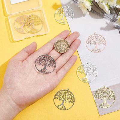 8Pcs 4 Colors Filigree Tree of Life Brass Pendants KK-NB0002-56-1